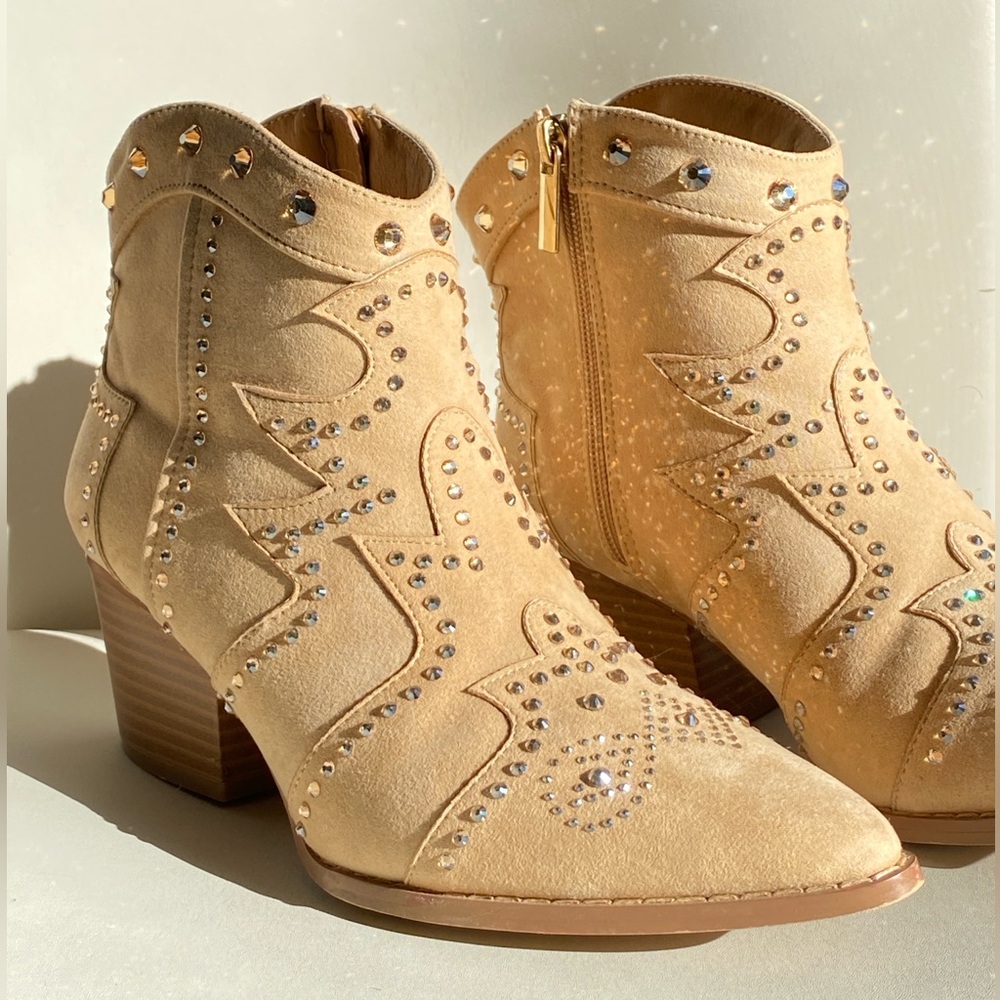 Tan Suede Rhinestone Cowboy Western Ankle Bootie - Lauren Lorraine Indiana